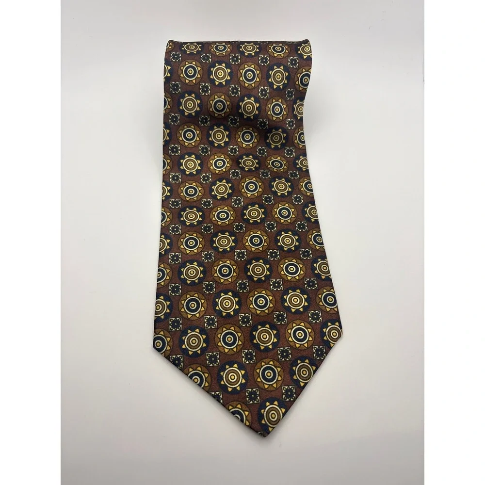 Manhattan Wash n Wear Mens Tie Brown Gold Navy Geometric Medallion Polyester